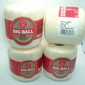 (4) Coats Big Ball 3 Cord Crochet Thread Cream Size 20 400 Yards Color 0042